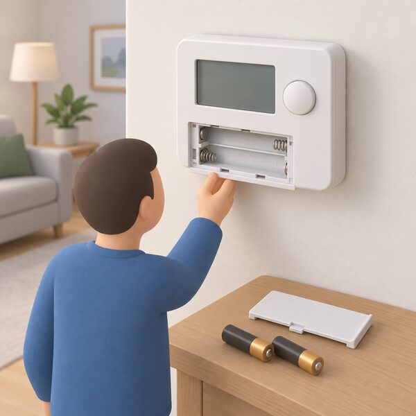 A wall-mounted wireless room thermostat with its battery cover lifted off and lying nearby, its battery compartment open with the batteries removed and set beside it, as a householder would check when the unit fails.