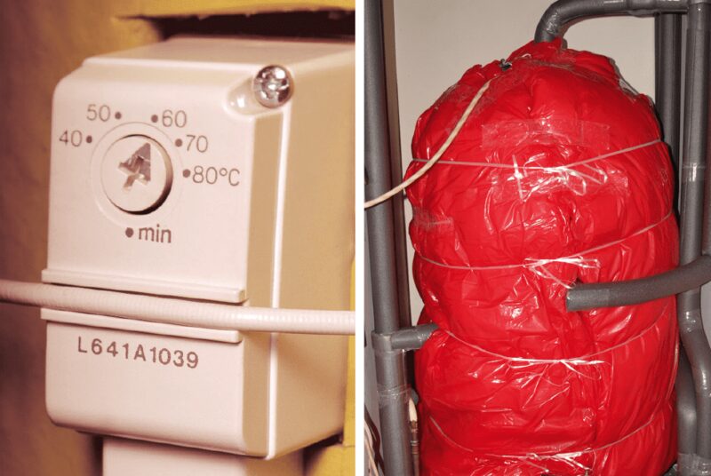 A side-by-side montage of a hot water cylinder thermostat dial (marked 40-80°C, L641A1039) and a hot water tank wrapped in a red insulation jacket