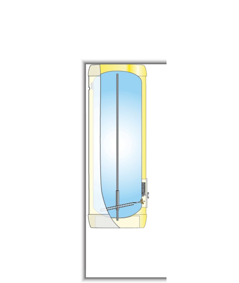 A cutaway diagram of an OSO hot water cylinder showing the internal water tank, immersion element and thermostat