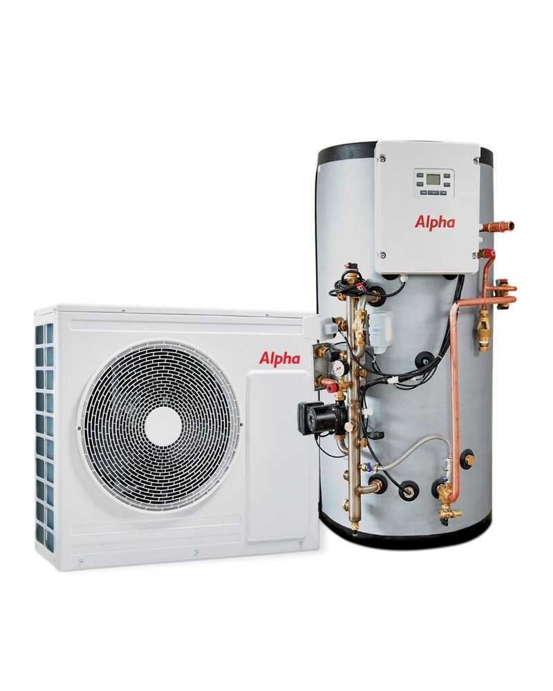 An Alpha air source heat pump outdoor unit next to a matching hot water cylinder with plumbing and controls