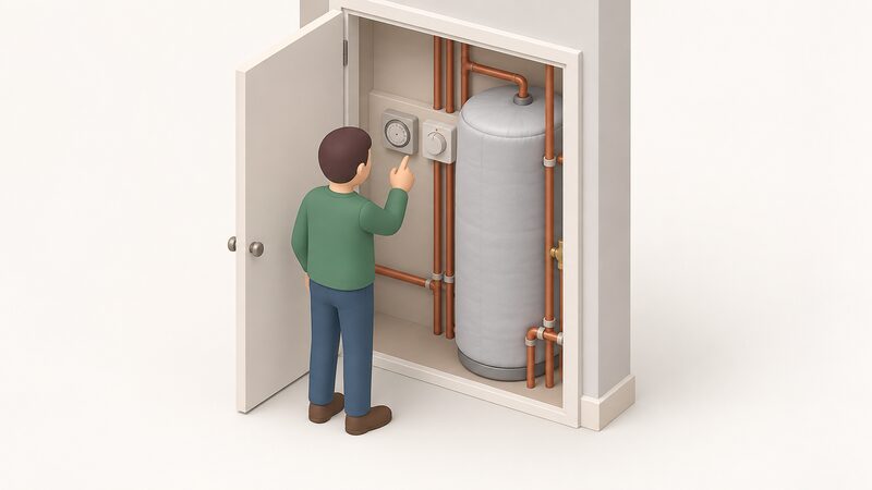 A householder standing at an open airing cupboard reads the hot water timer and the cylinder thermostat mounted side by side on the wall beside the hot water cylinder, with the insulated tank and its pipework visible around them.