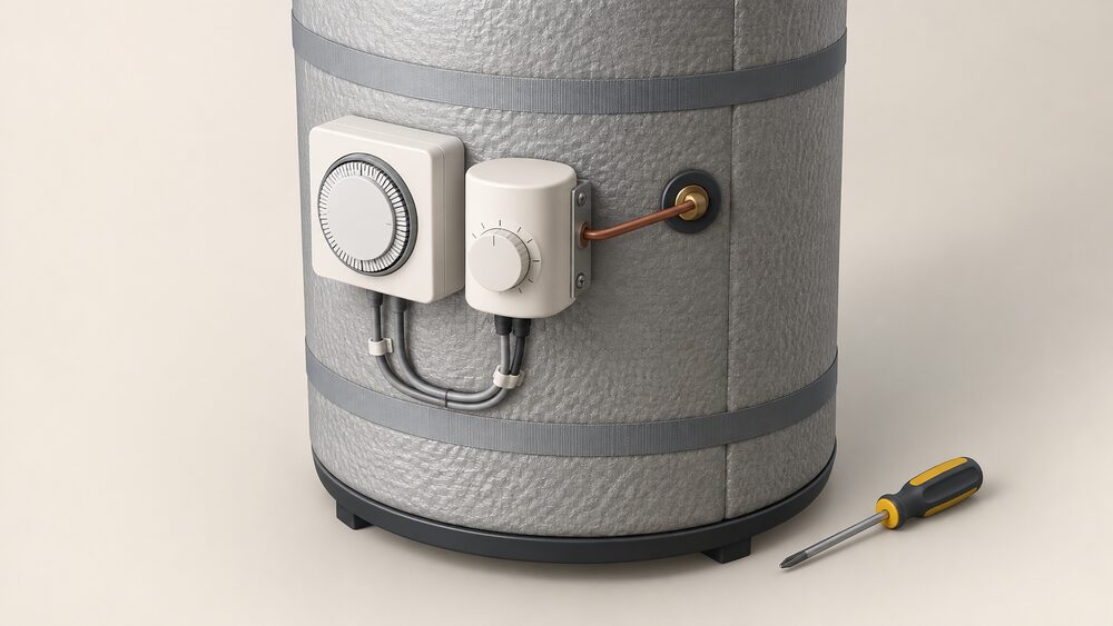 A close-up of a small cylindrical thermostat strapped to the side of a hot water cylinder, its probe seated in a sensor pocket on the tank surface, with a screwdriver resting nearby and insulated cylinder jacket visible around it.