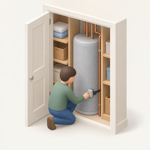 A small isometric figure kneels in an airing cupboard beside an insulated hot water cylinder, adjusting a small strap-on cylinder thermostat fitted low on the cylinder's side, with pipework rising from the cylinder top and the cupboard shelves around it.