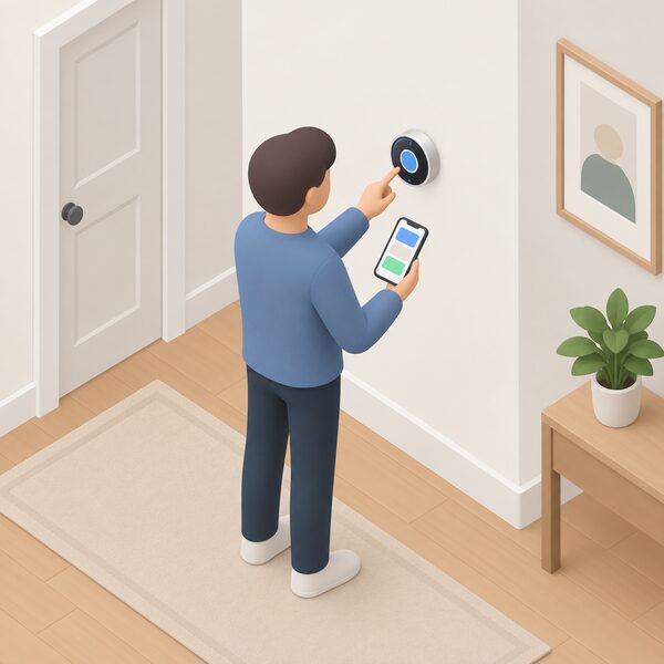 A simplified isometric figure stands in a home hallway adjusting a smart thermostat mounted on the interior wall while holding a phone whose screen shows plain colour blocks representing the app controlling the hot water.
