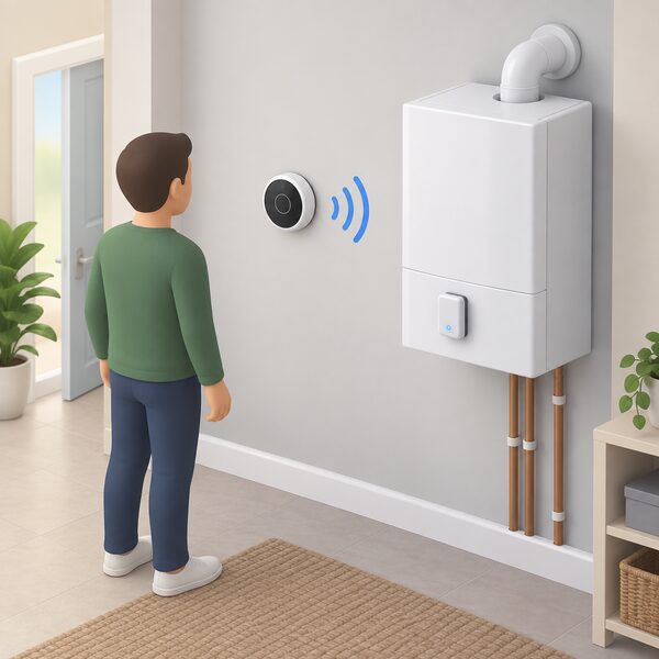 A wall-mounted smart programmable room thermostat in a home interior, shown paired by simple signal waves with an Ideal combi boiler nearby, with the small Smart Interface module plugged into the front of the boiler casing.