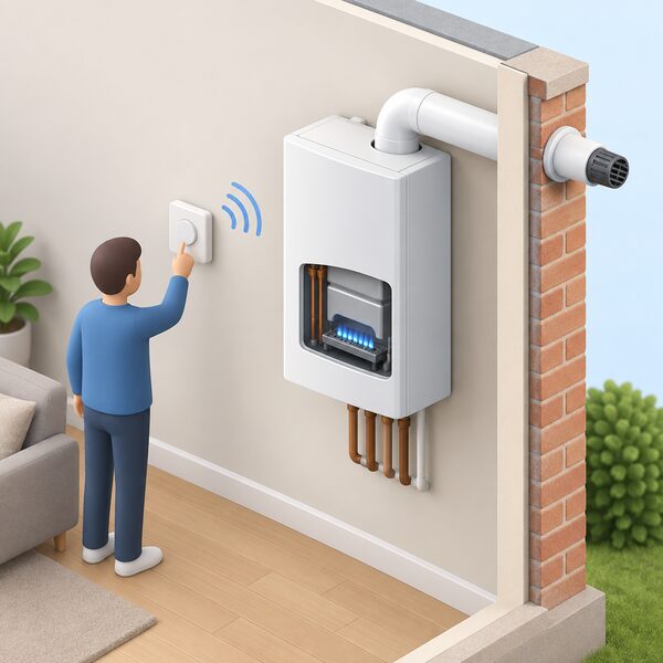 A wall-mounted gas combi boiler indoors with its horizontal flue passing through the outside wall, shown at reduced flame output, connected by a wireless link to a wall thermostat in the room that is modulating it down.