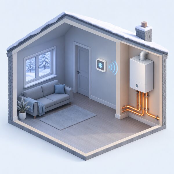 A wall-mounted room thermostat in a cold, unoccupied room shown in cutaway with its frost protection mode active, sending a radio signal to a combi boiler on an adjacent wall whose pipework glows gently warm to show the system being kept above freezing.