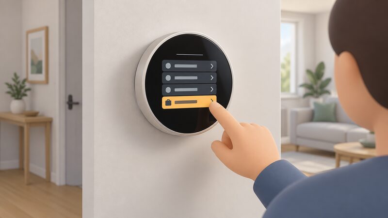 A wall-mounted Halo thermostat shown close up with its screen displaying a menu of plain blocks and bars representing the timed heating schedules list and a highlighted holiday mode option, with a simplified figure's hand reaching to select it.