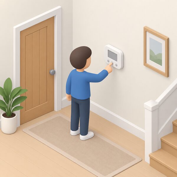A small isometric figure in an indoor hallway reaching to press a button on a wireless programmable room thermostat mounted on the wall, the unit shown as a plain rounded control face with simple unlabelled buttons and a blank display, no wiring visible.