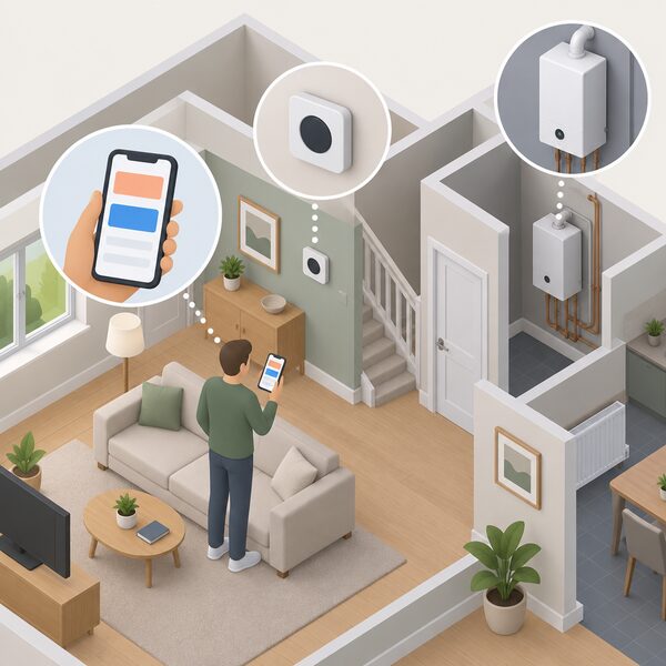 A simplified isometric figure stands in a home living room holding a smartphone showing the Halo app screen as plain colour blocks, adjusting heating and hot water remotely while a wall thermostat and boiler appear elsewhere in the house.