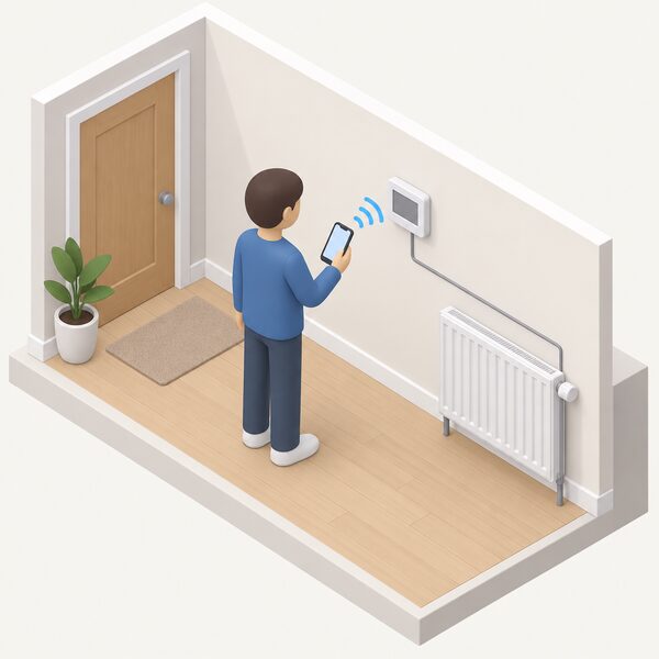 A simplified isometric figure stands in a home hallway beside a programmable room thermostat mounted on the interior wall, with a small Bluetooth-style local link shown as a short-range arc between the thermostat and a phone held in the figure's hand, and a plain line running from the thermostat along the wall to a radiator, showing heating controlled locally without any cloud or Wi-Fi.