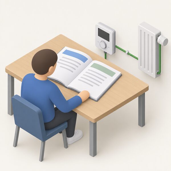 A printed KNX standard specification document lying open on a desk, its cover and pages shown with plain colour bands and blank lines only, beside a KNX room thermostat and bus cable, with a simplified figure consulting it.