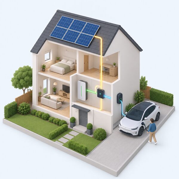 A cutaway UK house with solar panels on the roof, a wall-mounted battery inside, a KNX control panel connecting them, and an electric car on the driveway linked to a home charge point, all joined by simple line connections showing coordinated energy flow.