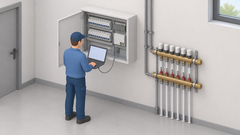 An isometric plant room scene showing a wall-mounted KNX control cabinet with rows of actuators and a heating interface module, standing beside a piped heating manifold with zone valves, with a simplified installer figure commissioning the cabinet with a connected laptop.