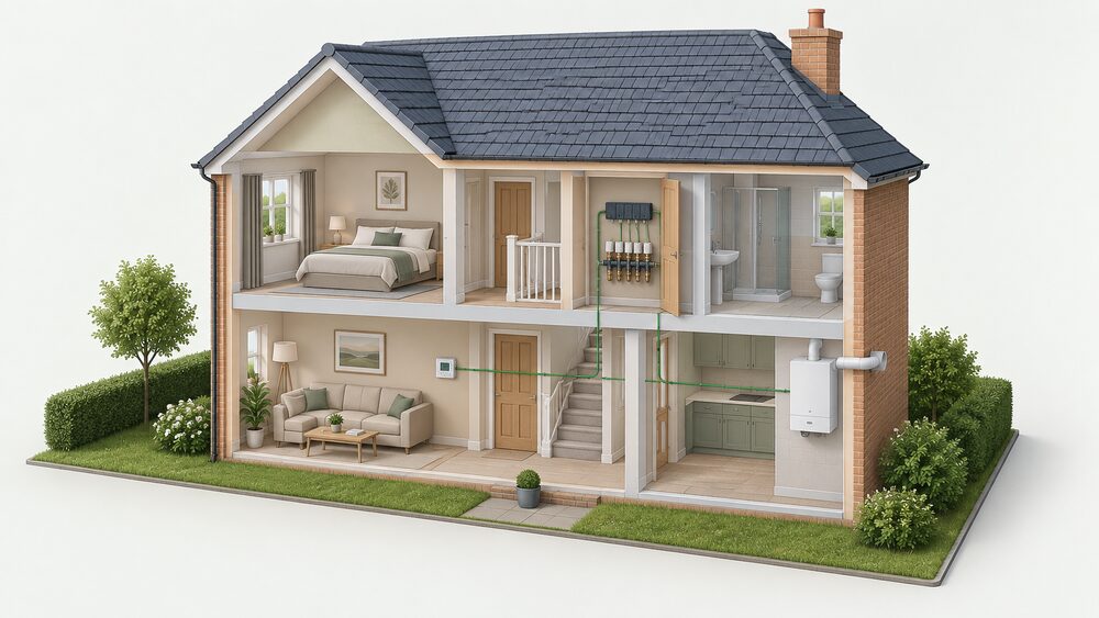 A cutaway UK house showing a KNX heating system as separate wired devices: a room temperature controller on a living room wall, an actuator beside a zone valve manifold in the airing cupboard, and a boiler on the kitchen wall, all linked by a single bus cable running through the walls.