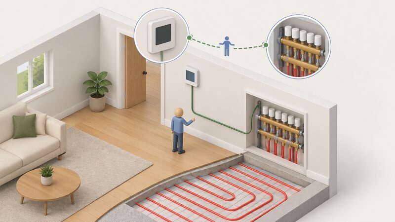 A cutaway UK home corner showing a KNX room controller mounted on an interior wall, connected by a low-voltage bus cable running down and along to a nearby underfloor heating manifold fitted with rows of actuator heads on its zone valves, with a small isometric figure indicating the connection between the two ends of the zoned circuit.