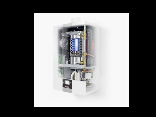 A Wolf CGB-2 wall-mounted gas condensing boiler shown in a cutaway view revealing its internal burner and components