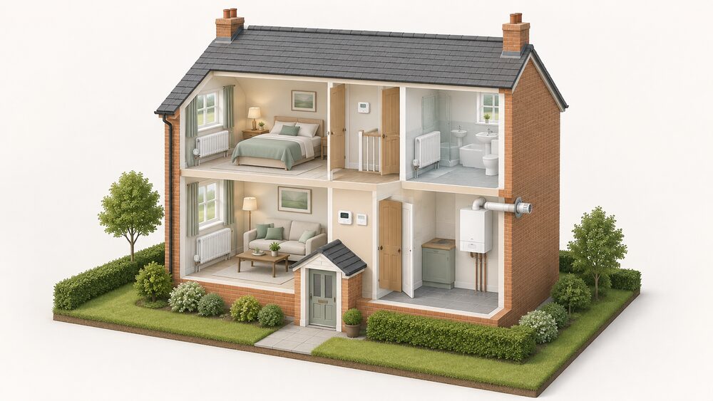 A cutaway of a small house showing a wall-mounted boiler indoors with its flue through an external wall, a programmer and room thermostat on the wall, and radiators fitted with thermostatic radiator valves in the rooms.