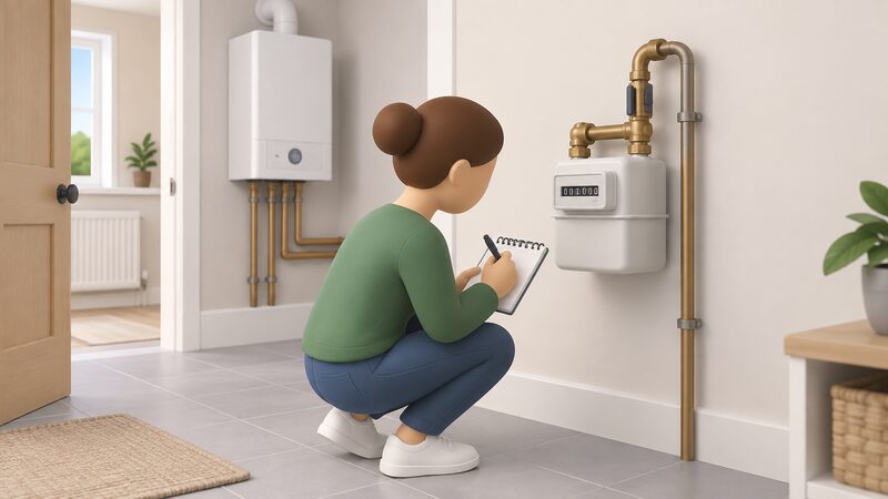 A householder crouching beside a wall-mounted gas meter, writing a reading on a notepad at the start of a week-long heating comparison test, with the home's boiler visible in the background.
