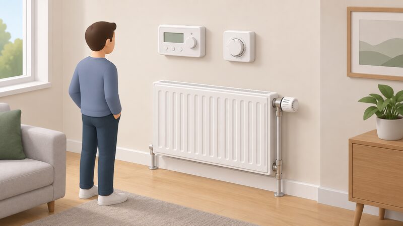 An interior wall showing a wall-mounted programmer and a room thermostat side by side, with a nearby radiator fitted with a thermostatic radiator valve at its end, all connected as part of a boiler central heating system.