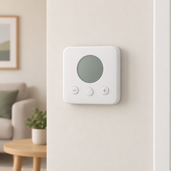 A plain white rectangular wireless thermostat shown as a simple product, mounted on a neutral interior wall with a small rounded display area and simple control buttons, drawn cleanly with no branding, text or numbers.