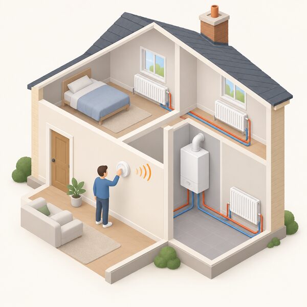 A simplified isometric cutaway of a home heating loop: a wall thermostat on an interior wall sending a wireless control link to a boiler connected to radiators, with a small figure adjusting the thermostat dial.