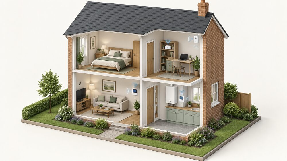 A cutaway two-storey house showing a wireless thermostat on the living room wall, a Smart Heating Switch beside the boiler in the kitchen, a motion sensor high on a study wall, and the Link Plus hub on a shelf, all part of one smart heating system.