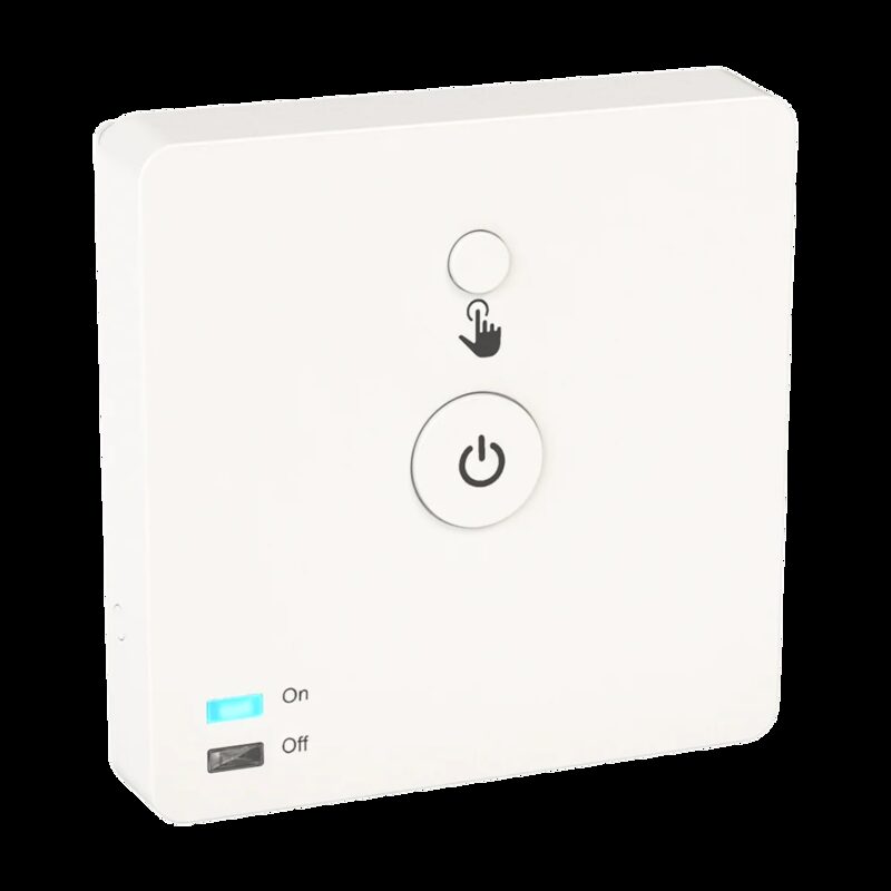 A white Lightwave smart heating switch with a power button and On/Off indicator lights