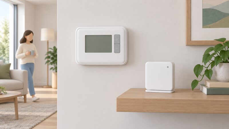 A white Honeywell Home wireless thermostat mounted on a plain interior wall, with a small white Link Plus hub unit standing on a nearby shelf, shown together in a simple room setting to make clear the thermostat and hub are two separate devices.