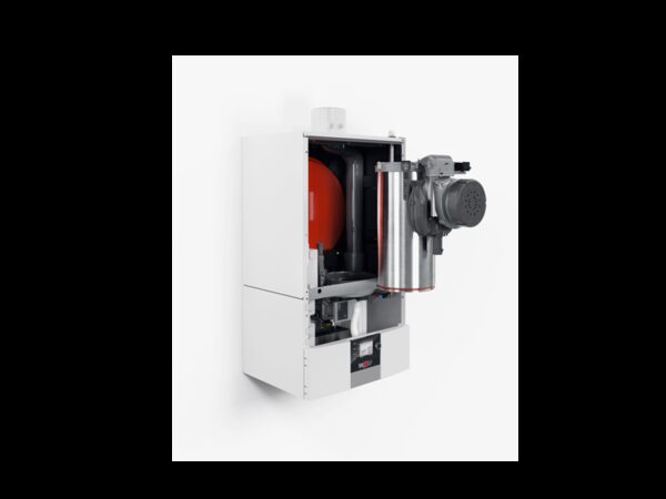 A Wolf CGB-2 wall-mounted gas condensing boiler shown with its casing partly open, revealing the internal heat exchanger, fan and flue components