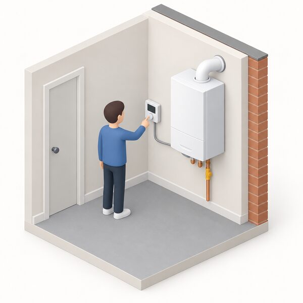 A small isometric figure stands beside a wall-mounted heating control fixed to the wall next to a wall-hung gas boiler, a simple link between the two devices showing the control logic running locally within the home, with no internet router, cable leaving the house or other external connection anywhere in the scene.