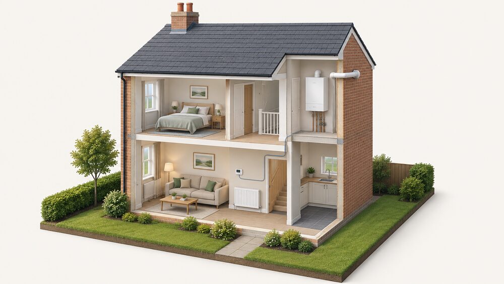 A cutaway of a small British house showing a wall-mounted condensing boiler indoors with its flue passing through the external wall, a radiator on an inside wall, and a room thermostat in the living room, with a low-voltage control wire linking the thermostat to the boiler.