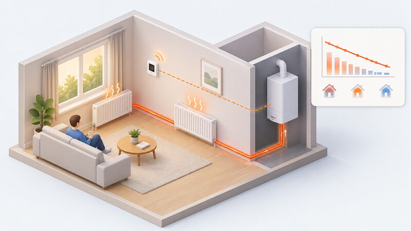 A simplified cutaway room with a wall thermostat linked by a signal line to a boiler, whose flow pipe feeds radiators, with a small rising line chart on a panel showing the requested flow temperature falling as room temperature climbs toward setpoint.