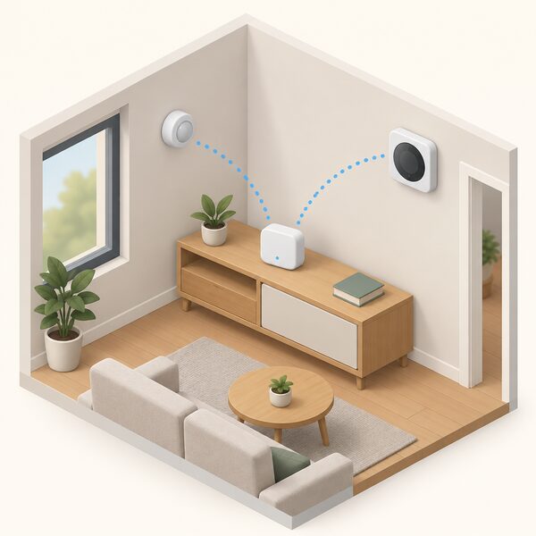 A small smart hub device standing on a shelf in a home, shown with dotted wireless link lines connecting it to a wall-mounted smart thermostat in the same room and to a small presence sensor placed nearby, illustrating the hub linking devices for automations.