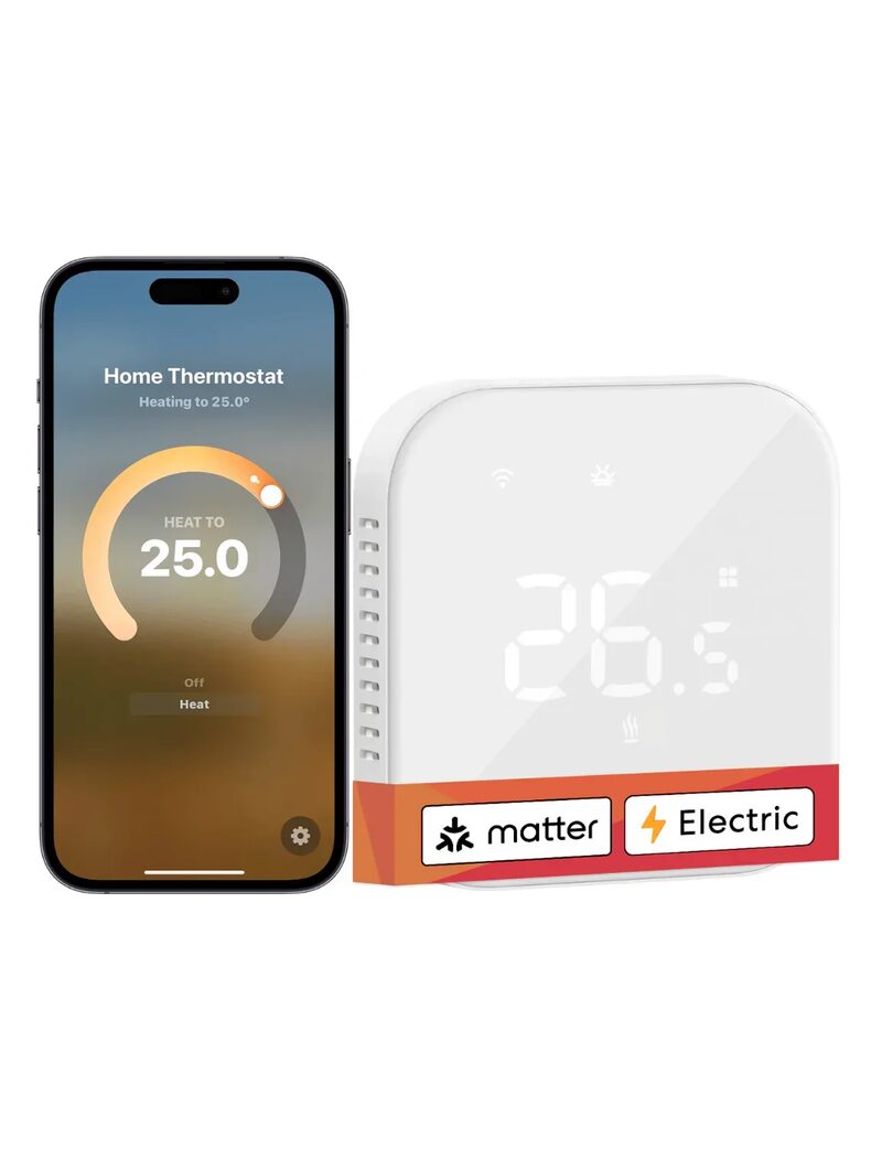 A Meross Matter smart thermostat for electric underfloor heating shown next to a smartphone running its thermostat app