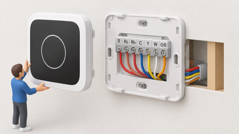 A wall-mounted Meross MTS300 smart thermostat shown with its front unit lifted away from its backplate, revealing a row of seven labelled wiring terminals R, Rc, Rh, C, Y, W and O/B with coloured low-voltage wires running from them into the wall, drawn as a clean cutaway wiring diagram.