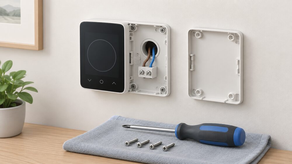 A close-up of a slim rectangular smart thermostat mounted flush on an interior wall, its back cover removed beside it showing live and neutral wires entering from the wall, with a small screwdriver and four screws resting on a cloth below.