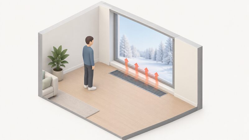 A simplified isometric room corner showing a low-profile fan convector recessed into the floor directly beneath a window, with a small figure standing nearby for scale, the slim unit sitting flush in its floor trench and warm air rising up the cold window glass.