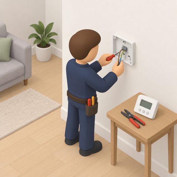 A small simplified electrician figure stands at an interior wall of a finished domestic room, fitting a wall-mounted programmable thermostat into a back box, connecting the three-core mains cable emerging from the wall, with a screwdriver and wire strippers in hand and the front cover set aside.