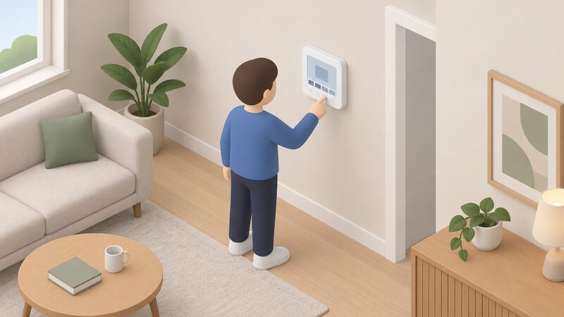A wall-mounted Heatmiser neoStat thermostat on an interior wall, drawn as a simple rounded rectangle with a plain display showing a temperature reading and a schedule as blank blocks, with a simplified isometric figure reaching to adjust it.