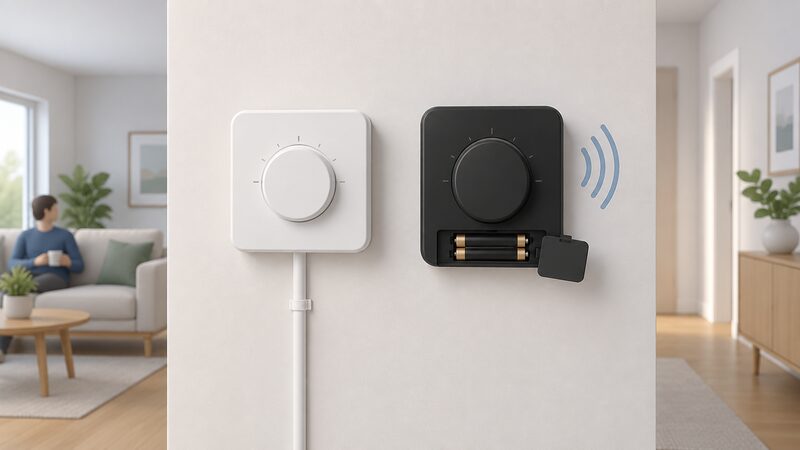 A white neoStat wired thermostat and a black neoAir wireless thermostat mounted side by side on a plain interior wall, the white one with a mains cable entering its backplate and the black one with a small open battery compartment and simple radio waves radiating from it.