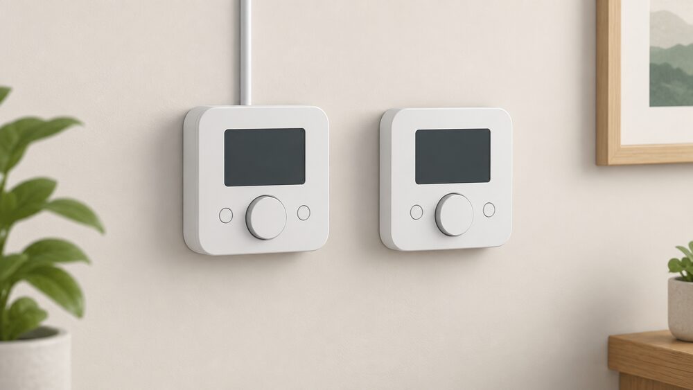 A close-up of a section of interior wall with two room thermostats side by side: a wired neoStat with a mains cable entering the wall behind it, and a battery powered wireless neoAir with no cable, both shown plainly and centrally.