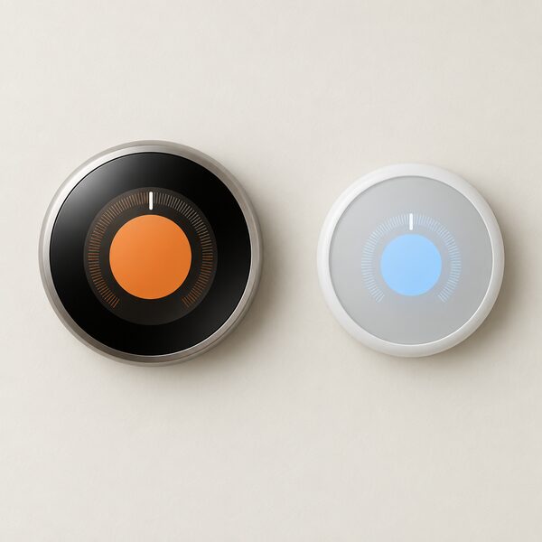 A Nest Learning Thermostat and a Nest Thermostat E displayed side by side on a plain indoor wall surface, the Learning Thermostat with its larger metal ring and the E with its frosted plastic ring, both as simple wall-mounted dial units shown face-on for comparison.