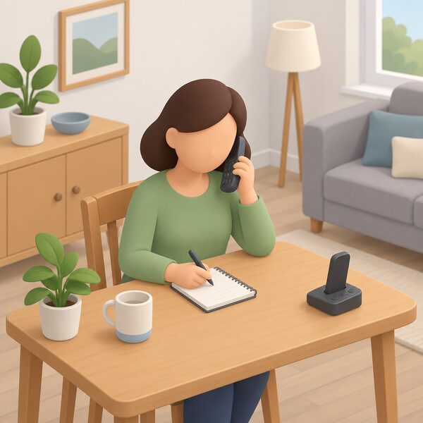 A householder at home seated at a table speaking on a cordless phone into its handset, with a notepad and pen beside them, taking free impartial energy advice over the phone from the Welsh Nest scheme advice line.