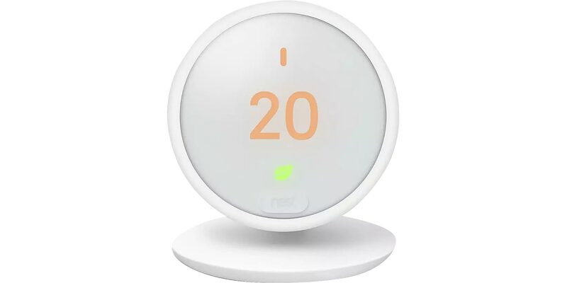 A white Google Nest smart thermostat E displaying 20 degrees on its round screen
