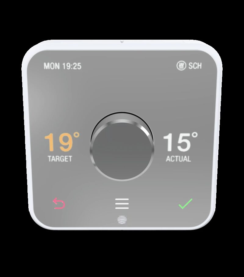 A white Hive smart thermostat with a central dial showing target 19° and actual 15° temperatures