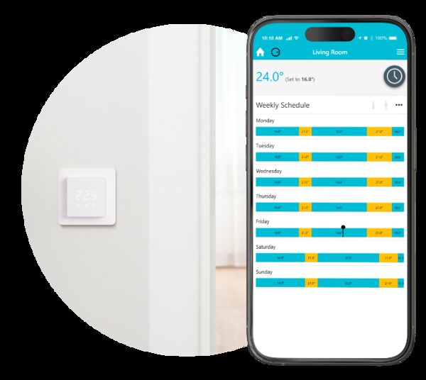 A white wall-mounted smart thermostat next to a smartphone showing the Genius Hub app's weekly heating schedule for the living room