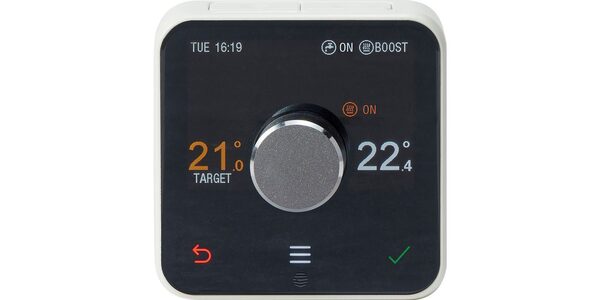 A Hive smart thermostat with a central dial showing target temperature 21°C and current temperature 22.4°C