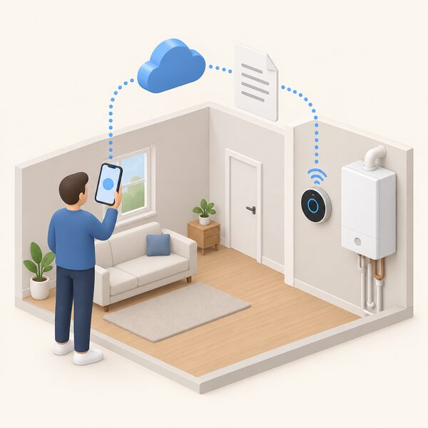 A person holds a phone showing a plain app screen, with a wifi link passing through a cloud symbol and a subscription document before reaching a smart thermostat on the wall beside a wall-mounted boiler, showing the service layers sitting between household and boiler.