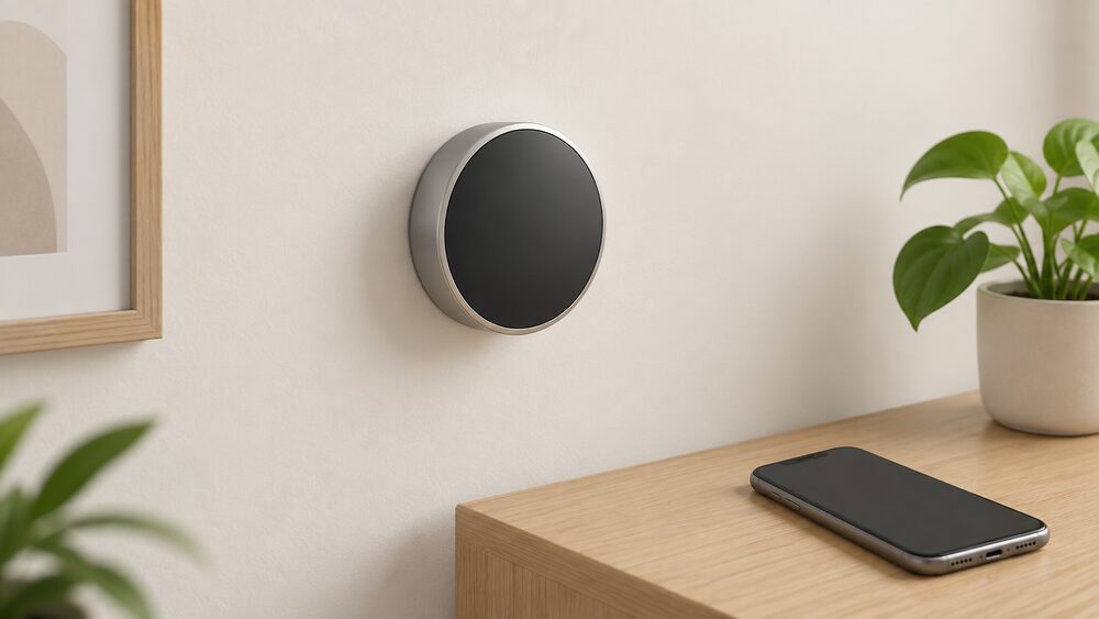 A close-up of a single wall-mounted smart thermostat with a blank circular display, wired into the wall, with a smartphone resting on a nearby surface showing a blank screen, and no other equipment in view.